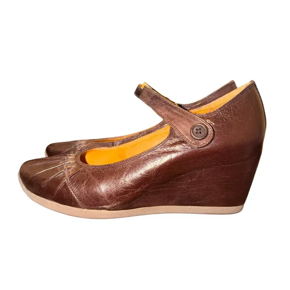 Miz Mooz Belle Wedge Heels Women's Size 6 Brown Leather Adjustable Strap Shoes